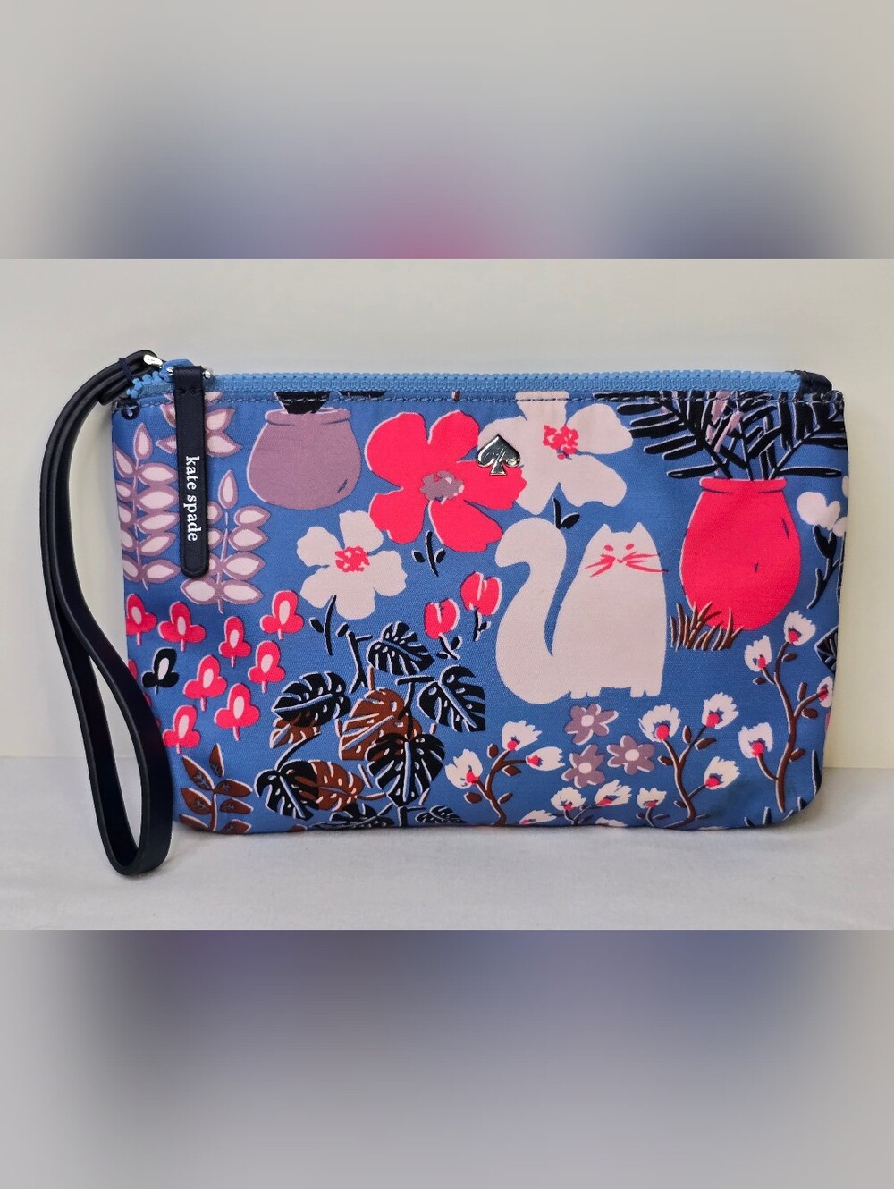 Kate Spade Jae Garden Cat Double Zip Wristlet Blue Floral Kitty Pouch WLRU6171